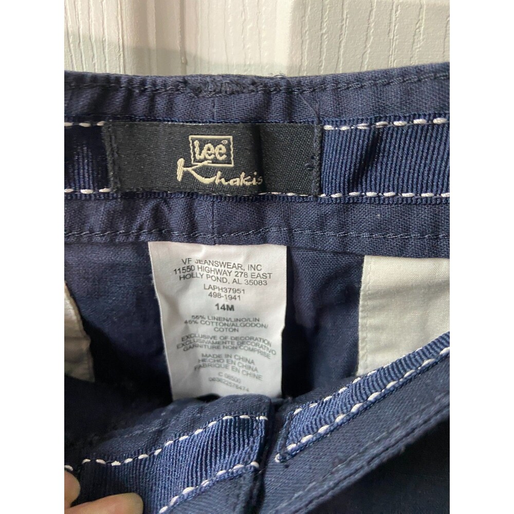 Lee Linen Blend Cropped Pants Size 14 straight Leg Front Tie Navy Blue Size 14 - Picture 4 of 13